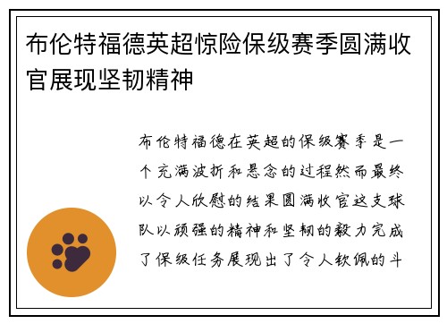 布伦特福德英超惊险保级赛季圆满收官展现坚韧精神