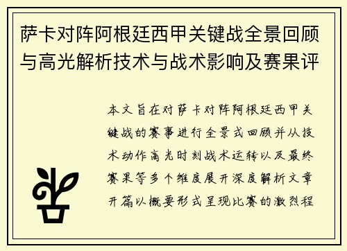 萨卡对阵阿根廷西甲关键战全景回顾与高光解析技术与战术影响及赛果评析